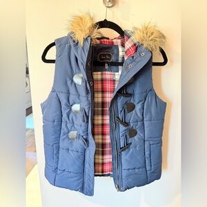 *Like New* Blue Puffer Vest w/Faux Fur Hood, size large (runs small for a large)